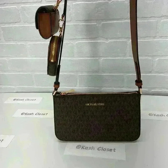 Michael Kors Crossbody Tech Attach Small Jet Set Travel MK Signature Brown - Picture 6 of 12